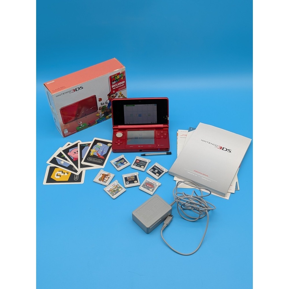 Nintendo 3DS Flame Red Console CIB Mario 3D Land Bundle 7 Games Stylus Charger